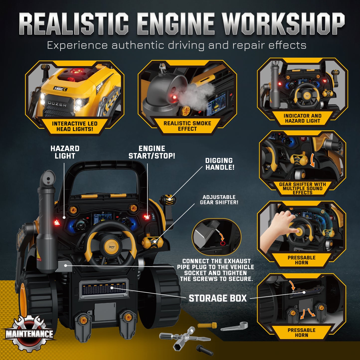 AIYAPLAY Kids Truck Engine Toy, Excavator Toy Steering Wheel with Spray, Lights and Sounds for 3-6 Years Boys Girls, Yellow
