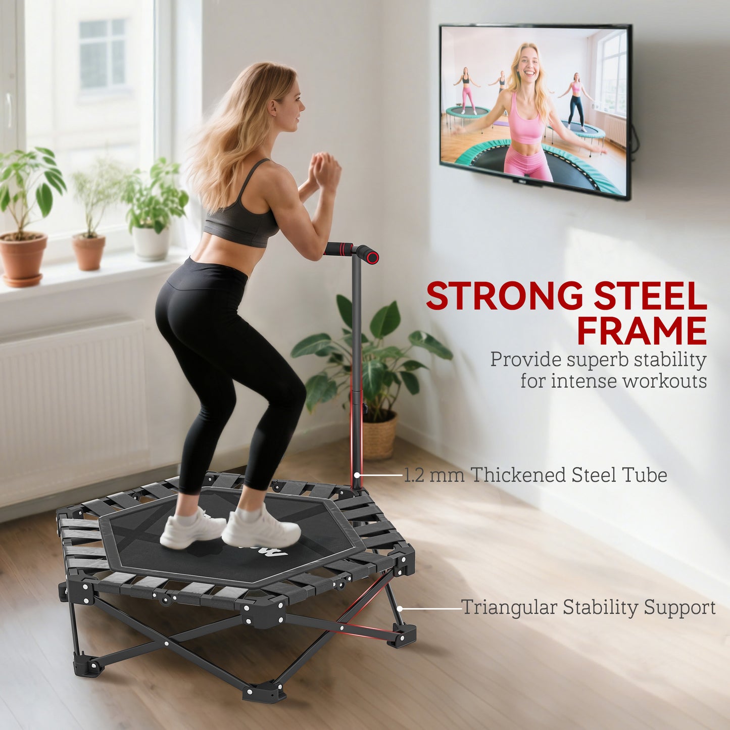 SPORTNOW 42" Foldable Mini Trampoline, One-Step Fold & Open, Rebounder Trampoline with 3-Level Adjustable Handle for Adults