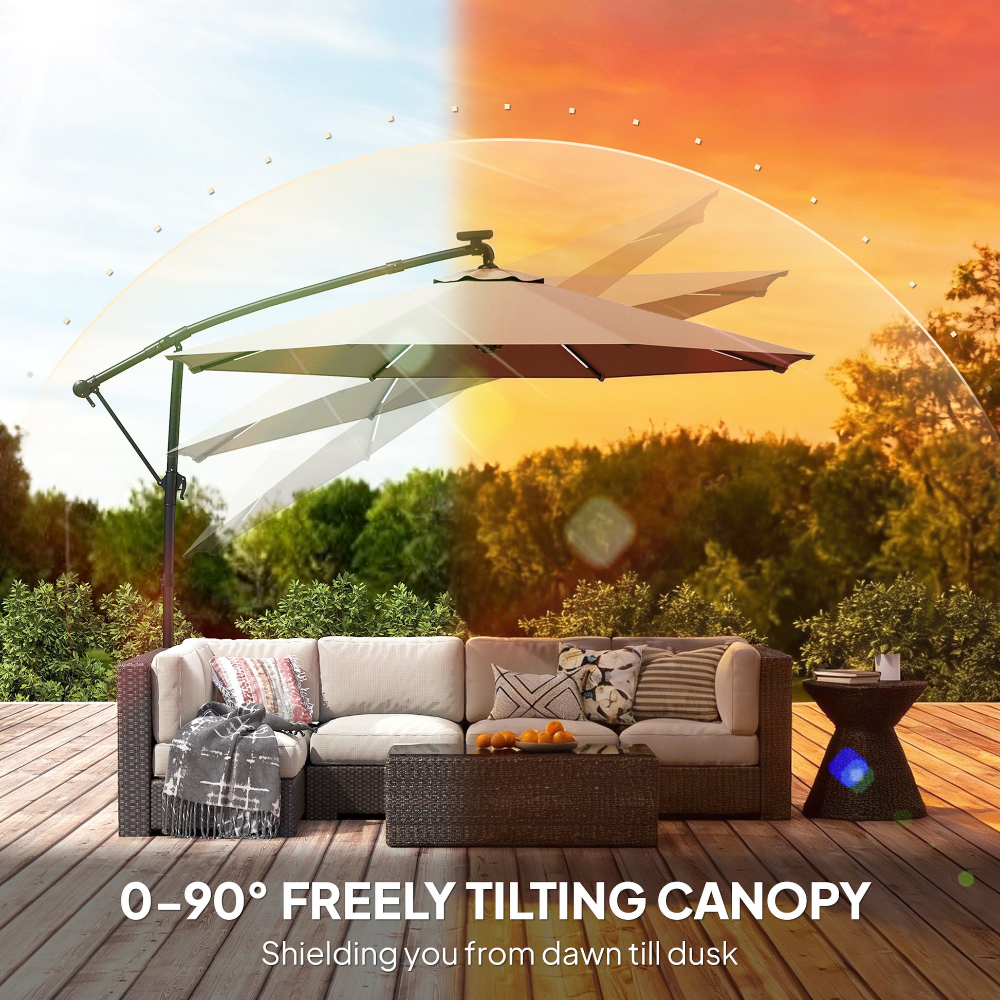 Outsunny 3 m Garden Cantilever Parasol with LED Solar Light, Round Overhanging Umbrella with 360Â° Rotation, Cover, Grey