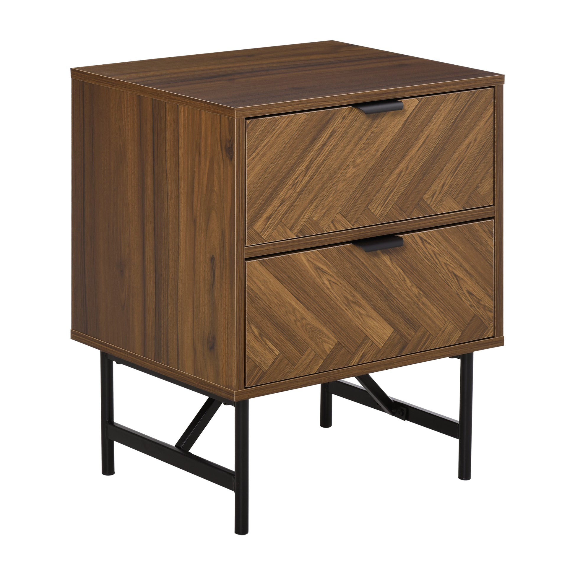 HOMCOM Bedside Table with Two Drawers, Side Cabinet Storage Unit with Metal Handles, Organisation Furniture for Living Room, Bedroom, Walnut Brown
