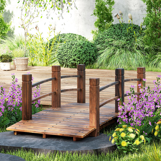 Outsunny 1.5M Wooden Garden Bridge Lawn DÃ©cor Stained Finish Arc Outdoor Pond Walkway w/ Railings Water Yard Decoration