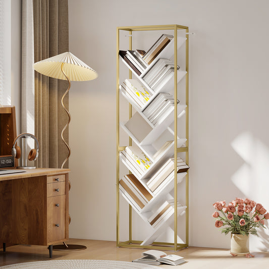 HOMCOM 10 Shelf Modern-Style Bookshelf - Gold Tone/White