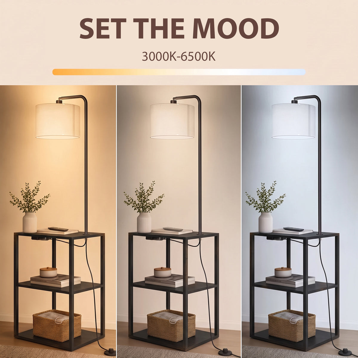 HOMCOM Dimmable Floor Lamp with Shelves, Charging Station, 3-Tier Storage Table, Adjustable Fabric Lampshade, Black