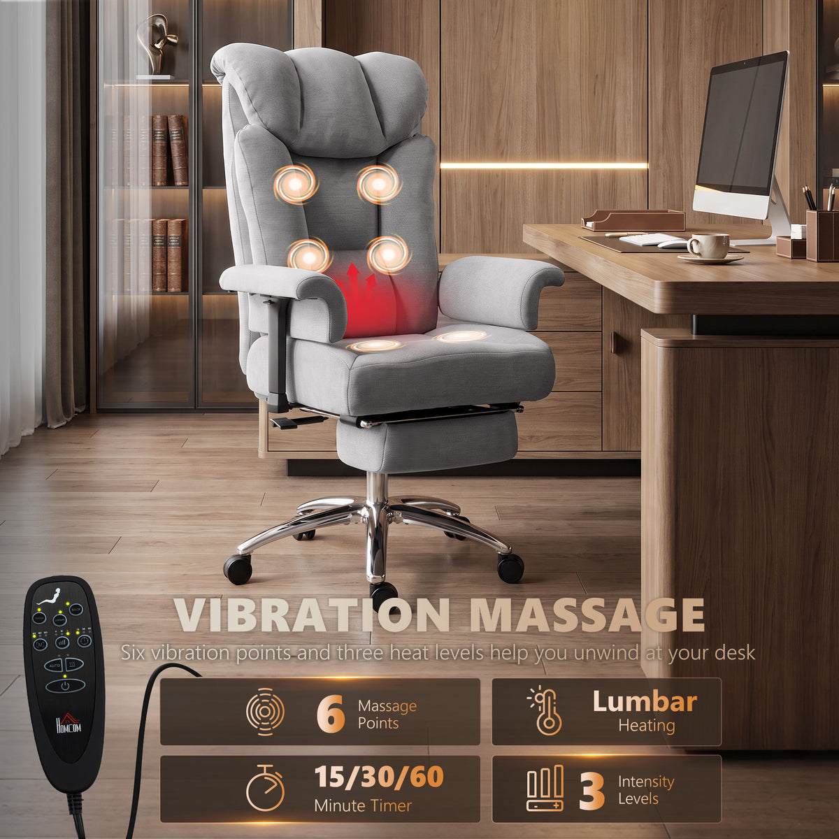 HOMCOM 250 kg Big and Tall Massage Office Chair with Heat, High Back, Height Adjustable Linen Executive Desk Chair, Grey