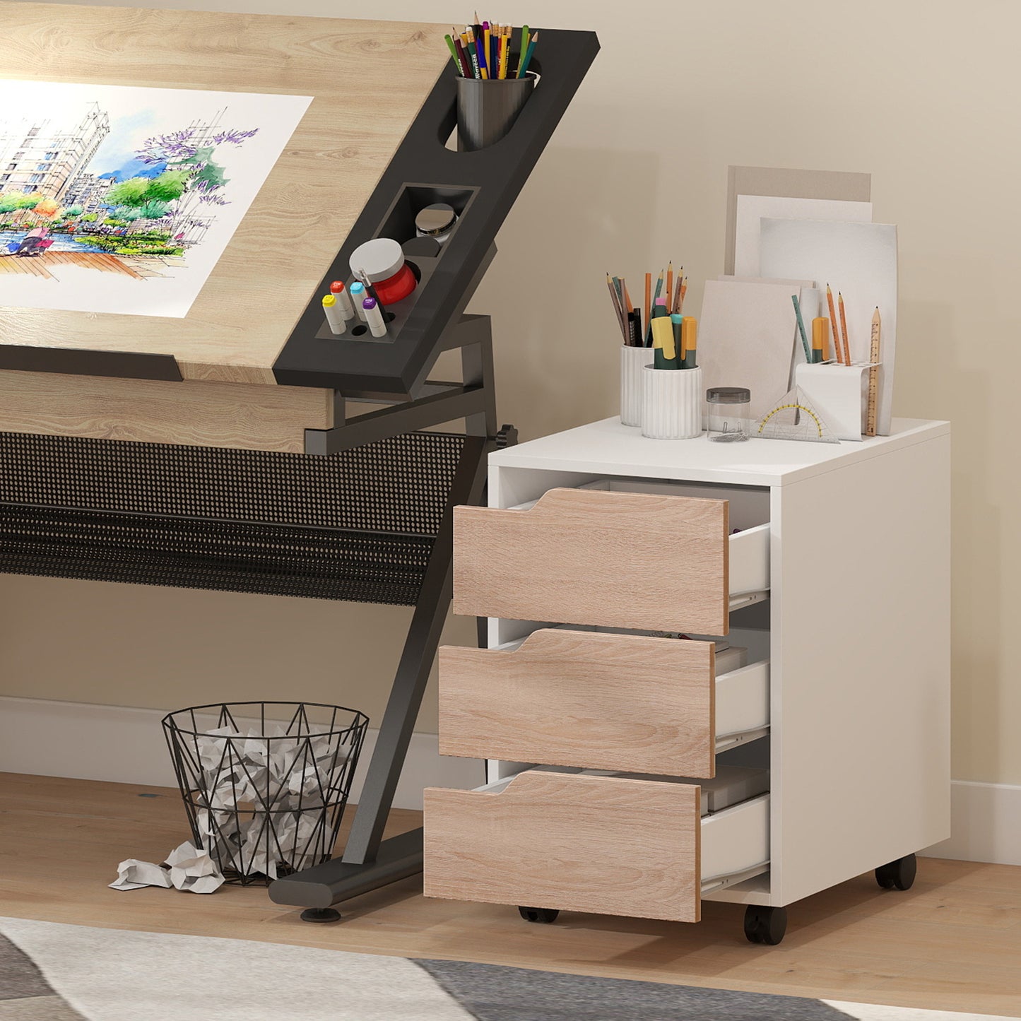HOMCOM 3 Drawer Mobile File Cabinet, Vertical Filing Cabinet with Wheels for Home Office, Oak