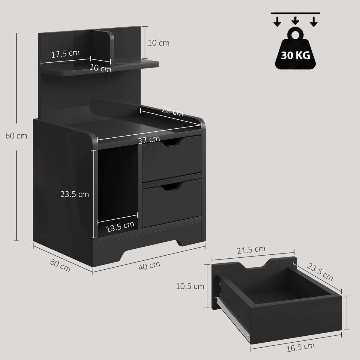 HOMCOM Bedside Table, Small Bedside Cabinet with 2 Drawers and Storage Shelves for Bedroom, Black Wood Effect