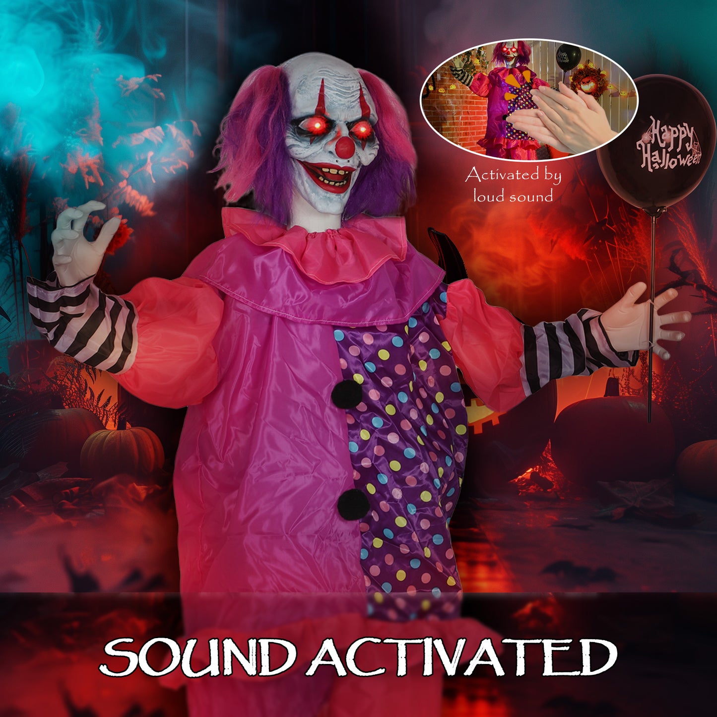Outsunny 5â€²7â€³ Scary Animated Clown Decoration - Pink/Purple