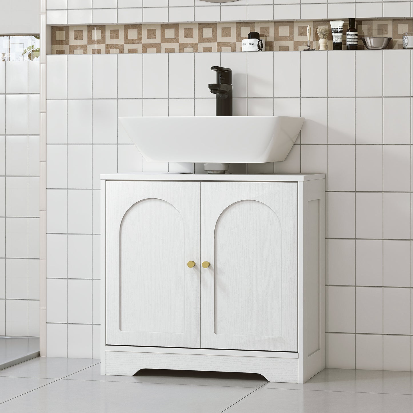 HOMCOM Under Sink Bathroom Cabinet with 2 Arch Doors - White