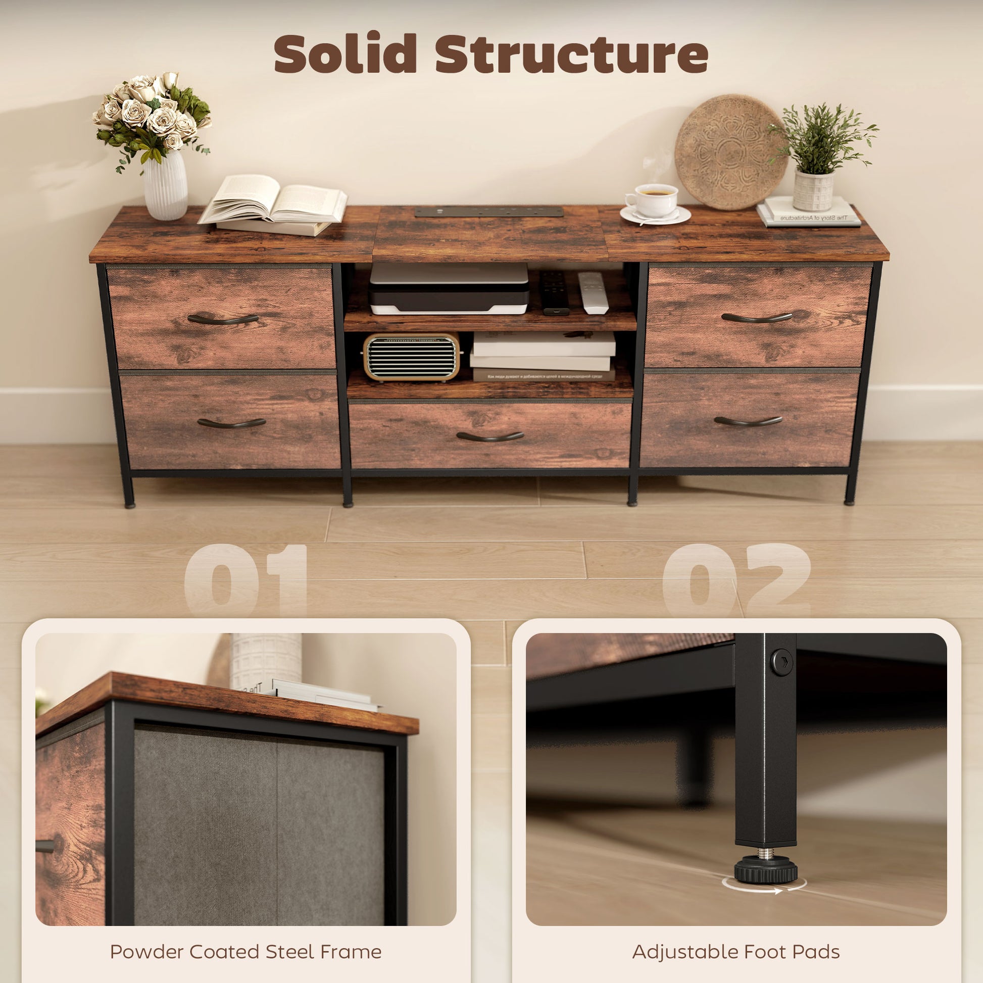 HOMCOM Multi-Storage Industrial TV Stand - Brown/Grey/Black