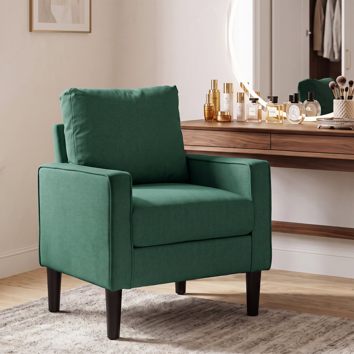 HOMCOM Accent Chair, Removable Pillow Linen Armchair with Comfy Spring Cushion for Living Room, Bedroom, Study, Dark Green
