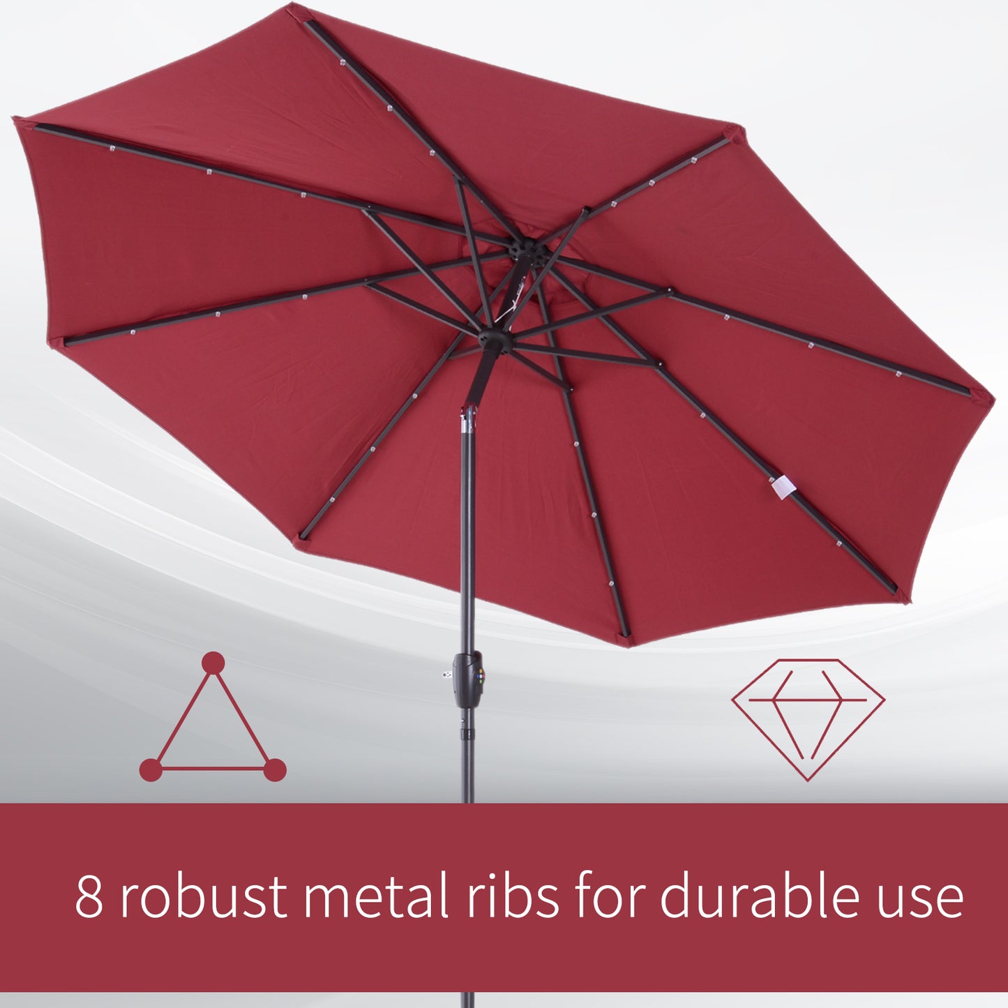 Outsunny Î¦2.7m Garden 24 LED Light Parasol Solar Outdoor Tilt Sun Umbrella Patio Club Party Event Manual Sun Shade w/ Hand Crank and 8 Ribs, Red
