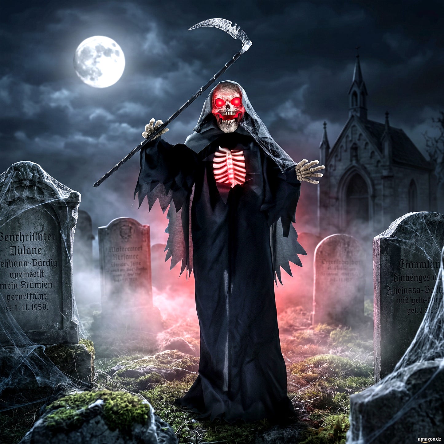 HOMCOM 170cm Life Size Animated Grim Reaper Halloween Decoration, Scary Halloween Animatronics Decor with Sound Touch Activated
