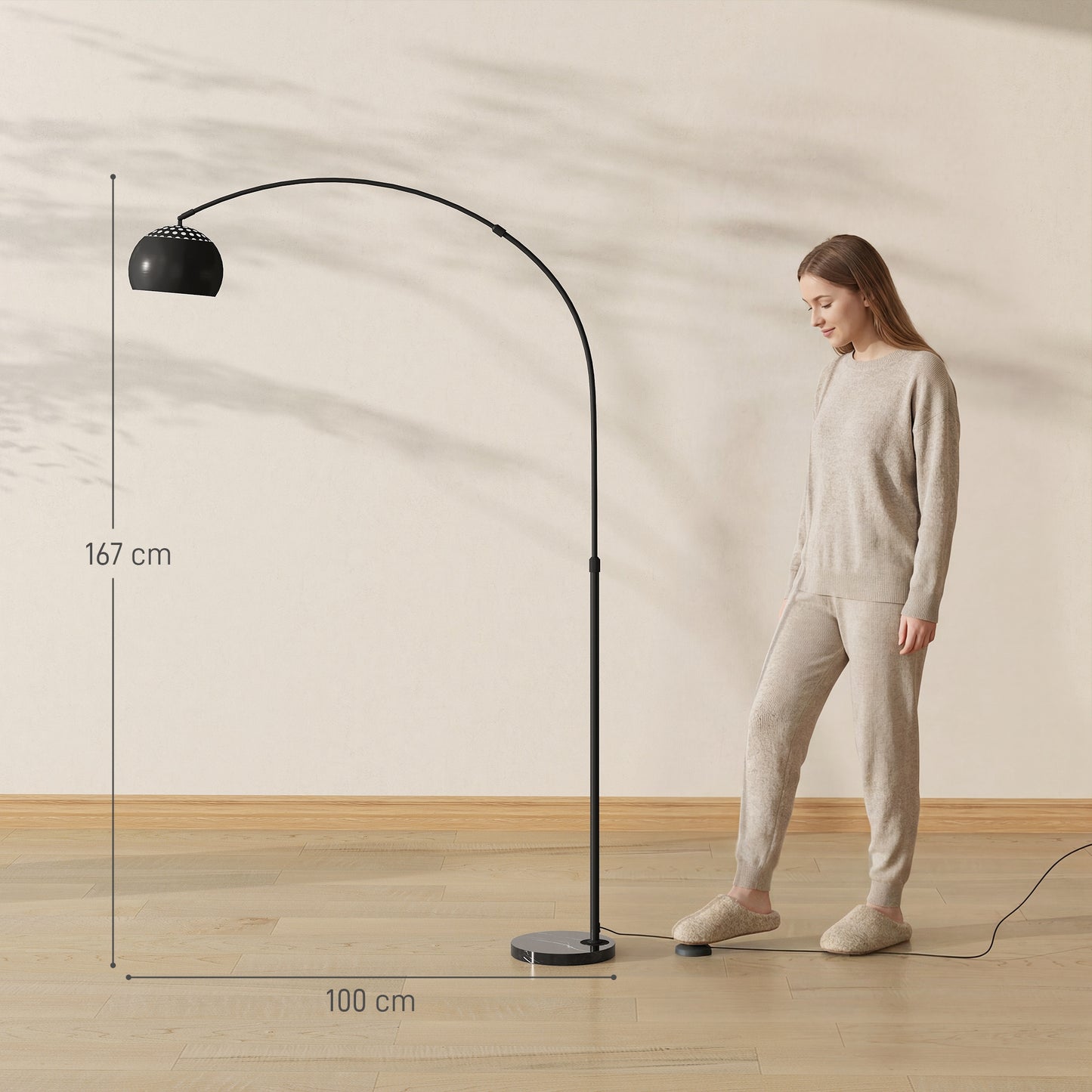 HOMCOM Arc Floor Lamp for Living Room, Modern Adjustable Standing Lamp with Faux Black Marble Base Black