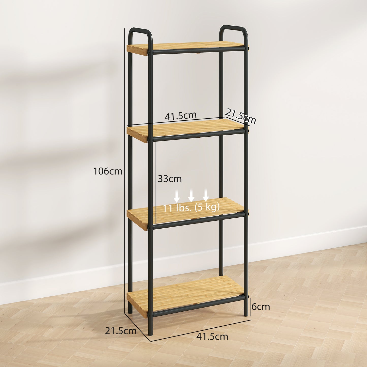 HOMCOM 4-Tier Bamboo Bathroom Storage Shelf, Freestanding Narrow Shelving Unit with Slatted Shelves for Kitchen Bathroom Living Room, 41.5 x 21.5 x 106 cm, Natural and Black
