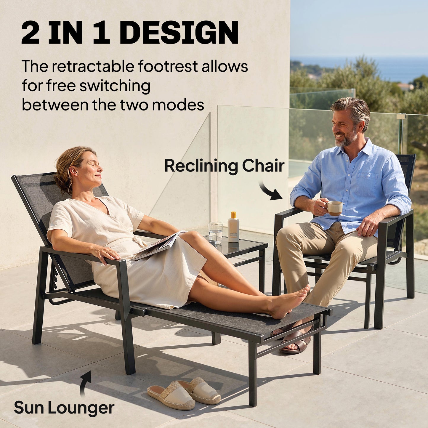 Outsunny Sun Lounger Retractable Footrest 5-Position Adjustable Steel Frame for Beach, Porch, Patio, Camping, Black