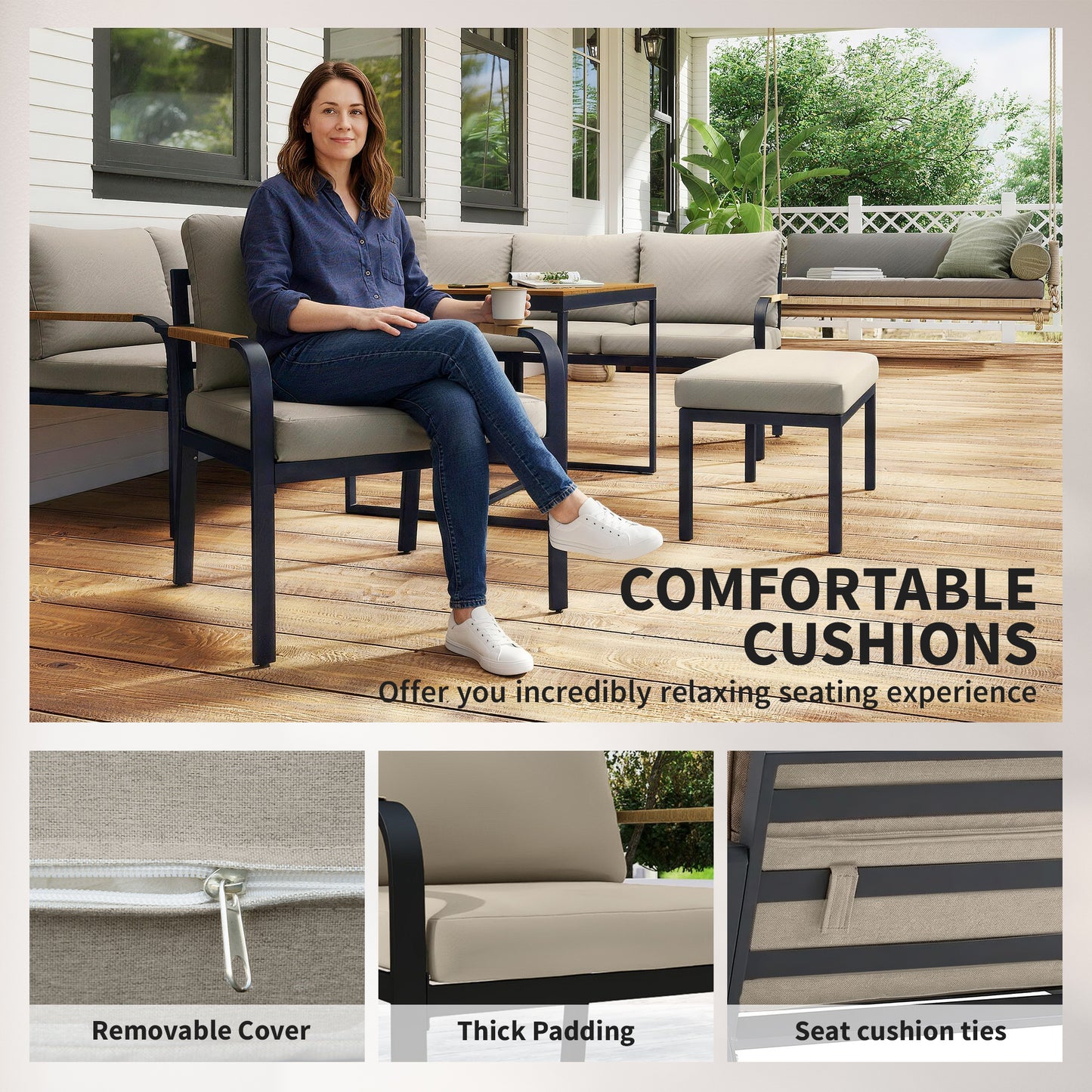 Outsunny 7 Seater Garden Furniture Set, Metal Garden Sofa Set with Cushions, Outdoor Furniture Conversation Sets, Khaki