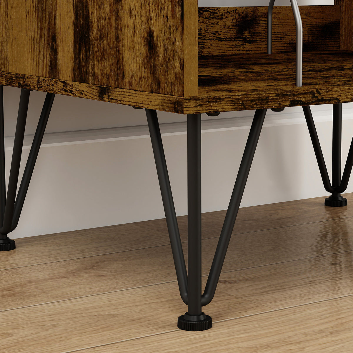 HOMCOM Record Player Stand Open Multi Compartment Media Shelf Home 2 Hooks Rustic Brown