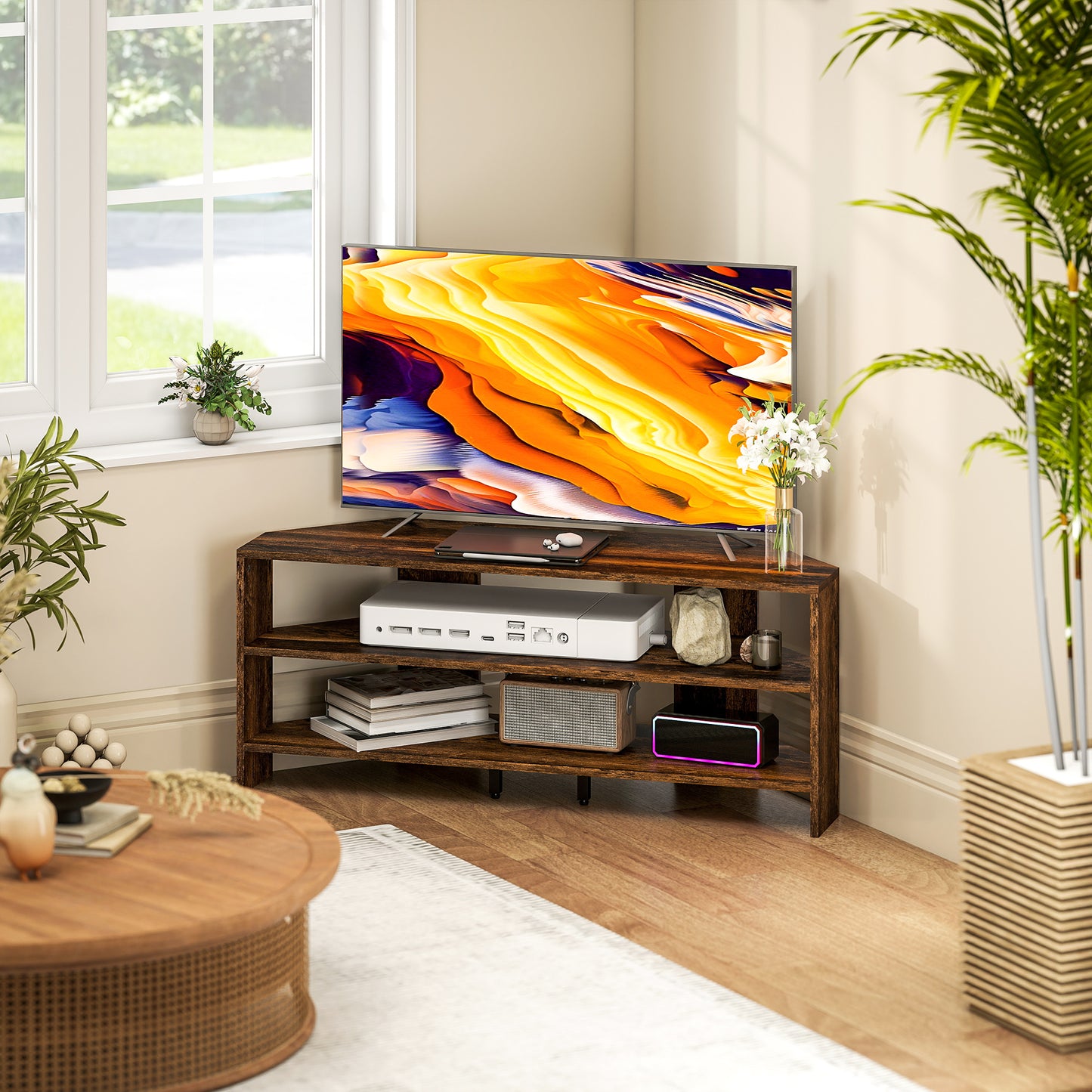 HOMCOM Corner TV Stand with 2 Open Shelves for 47 Inch TV - Rustic Brown