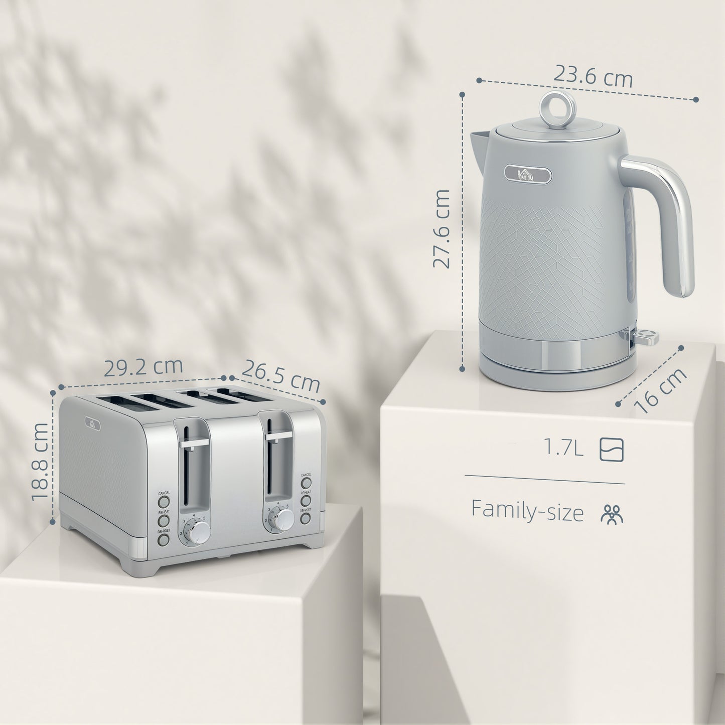 HOMCOM Sleek Textured Kettle and Four-Slice Toaster Set - Grey