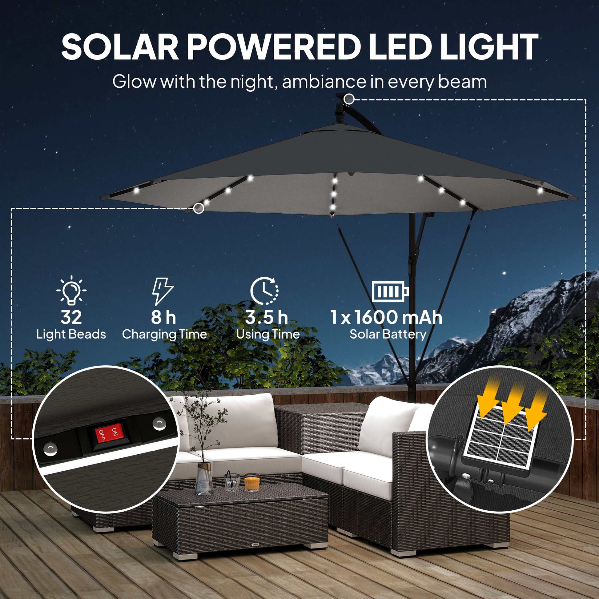 Outsunny 3 m Cantilever Parasol with Solar LED Lights Garden Umbrella with Cross Base, Black