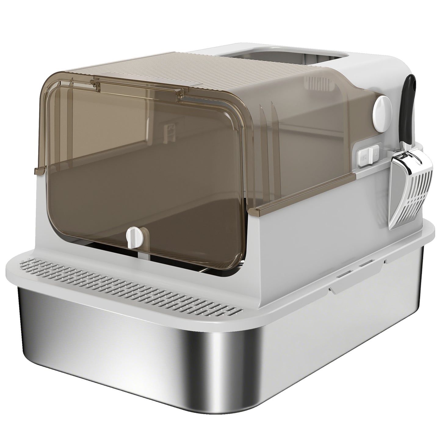 PawHut XXL Stainless Steel Cat Litter Tray, Enclosed Cat Litter Box with 90Â° Flip Cover, Double Doors, Scoop, Easy Clean, Grey Default Title