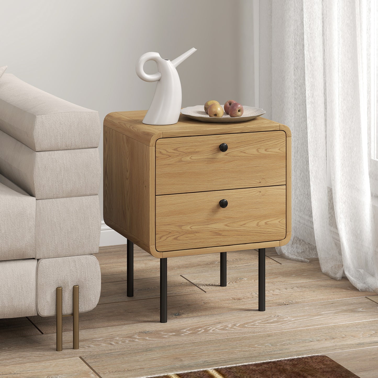 HOMCOM Bedside Table with 2 Drawers and Steel Legs - Oak