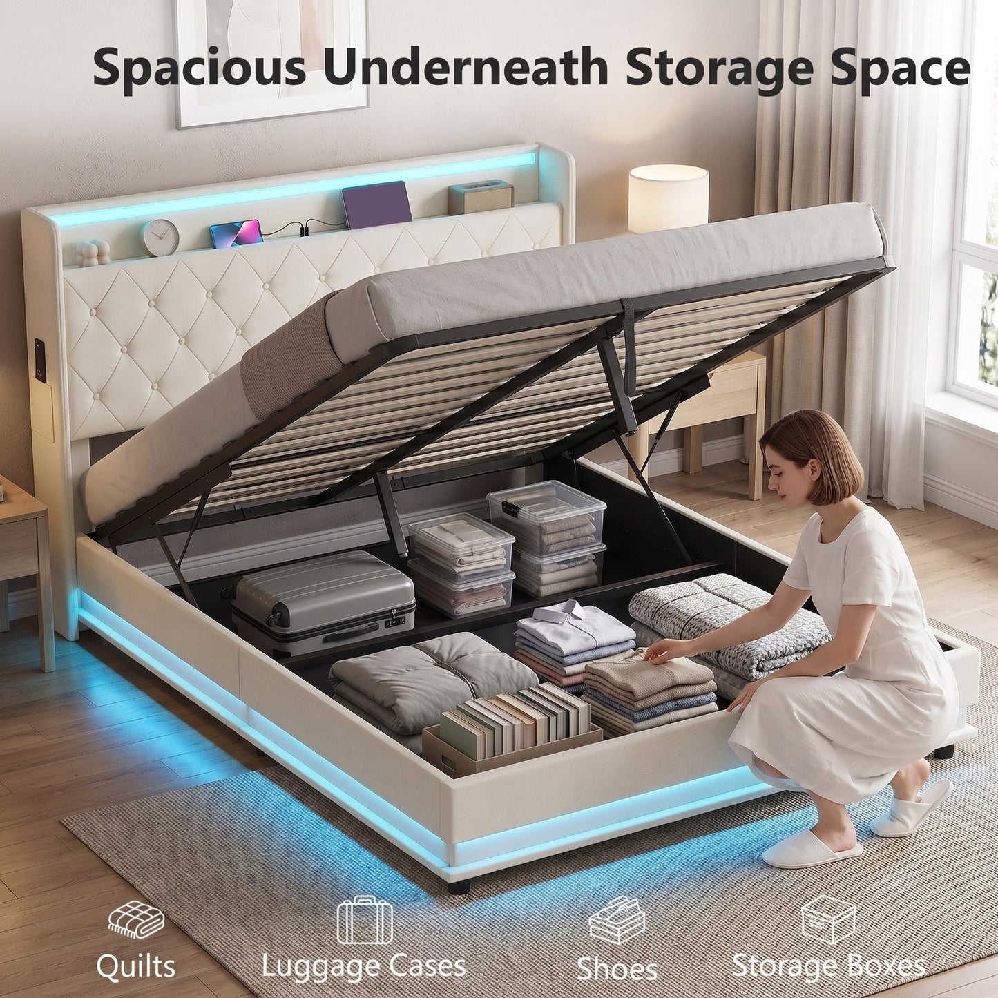 HOMCOM 5ft King Bed Frame with Headboard, Platform Bed Frame with Hydraulic Storage, LED Lights and Charging Station, White