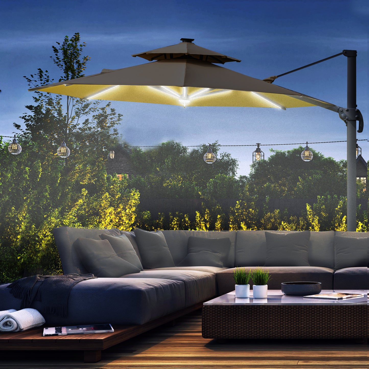 Outsunny 3m Cantilever Parasol w/ Solar Lights Power Bank Base 360Â° Spin Khaki