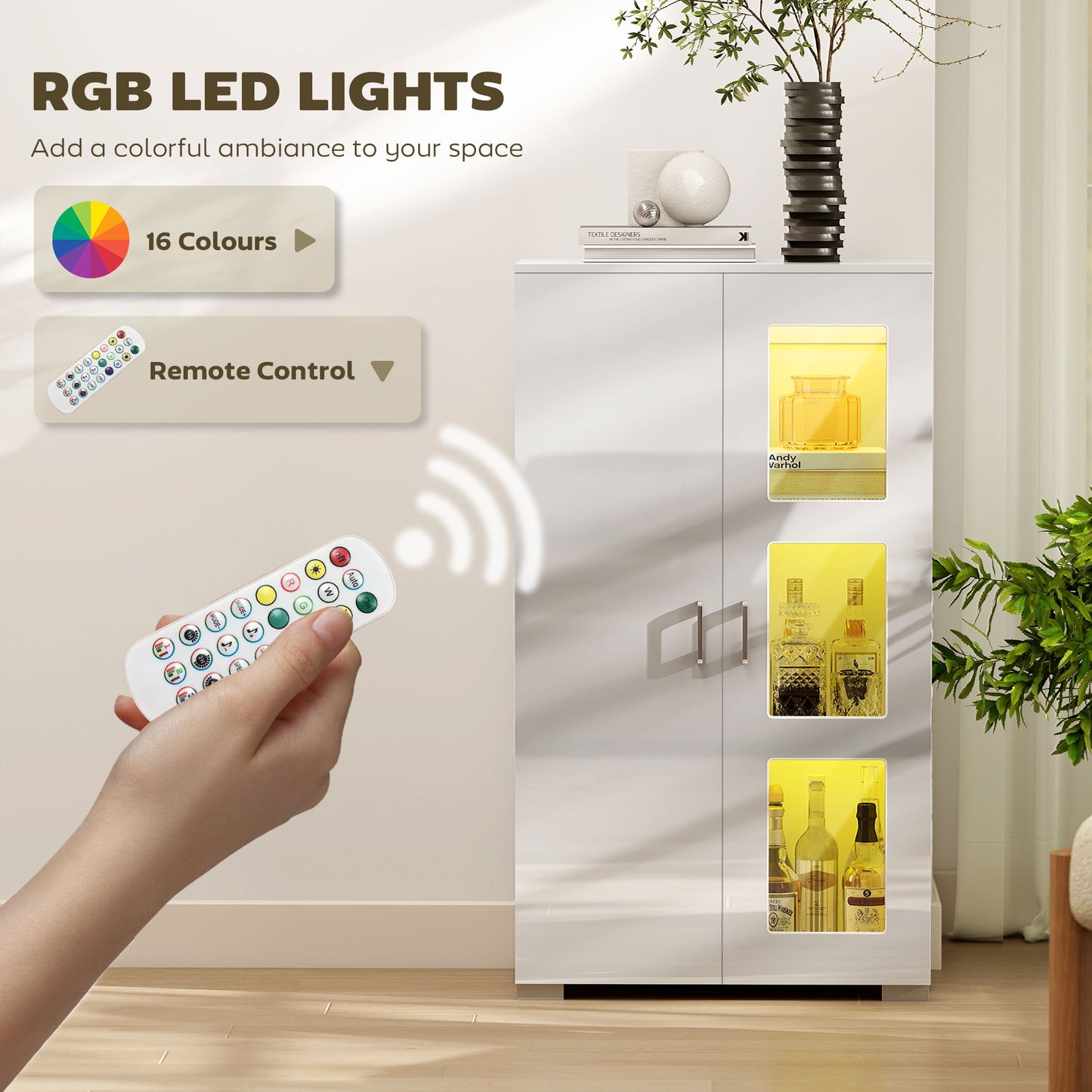 HOMCOM High Gloss Sideboard, Display Cabinet with 16-Colour RGB LED Lights and Remote Control, Modern Storage Cupboard with Glass Doors and Shelves for Living Room, Dining Room, Kitchen, White