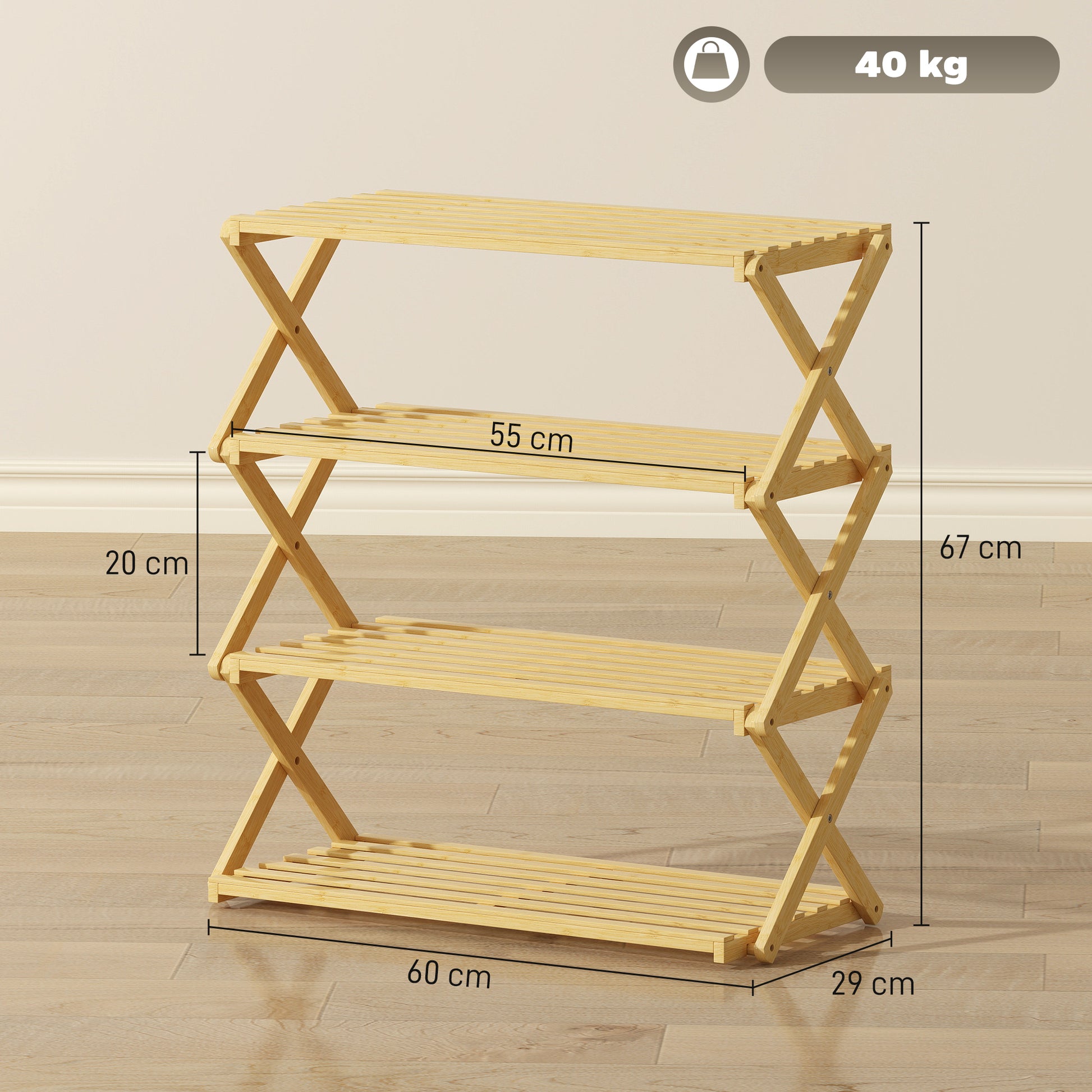 HOMCOM Four-Tier Folding Bamboo Shoe Rack - Natural Finish