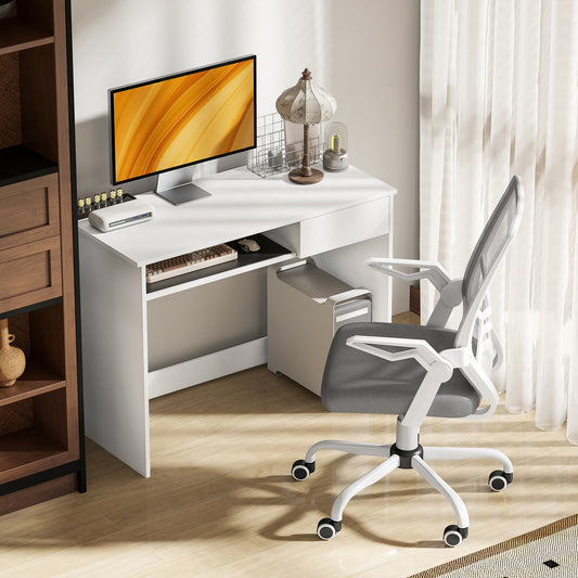Vinsetto Home Office Chair and Computer Desk Set, Mesh Chair with with 90Â° Flip-up Armrest, Study Desk with Keyboard Tray and Drawer, White and Grey