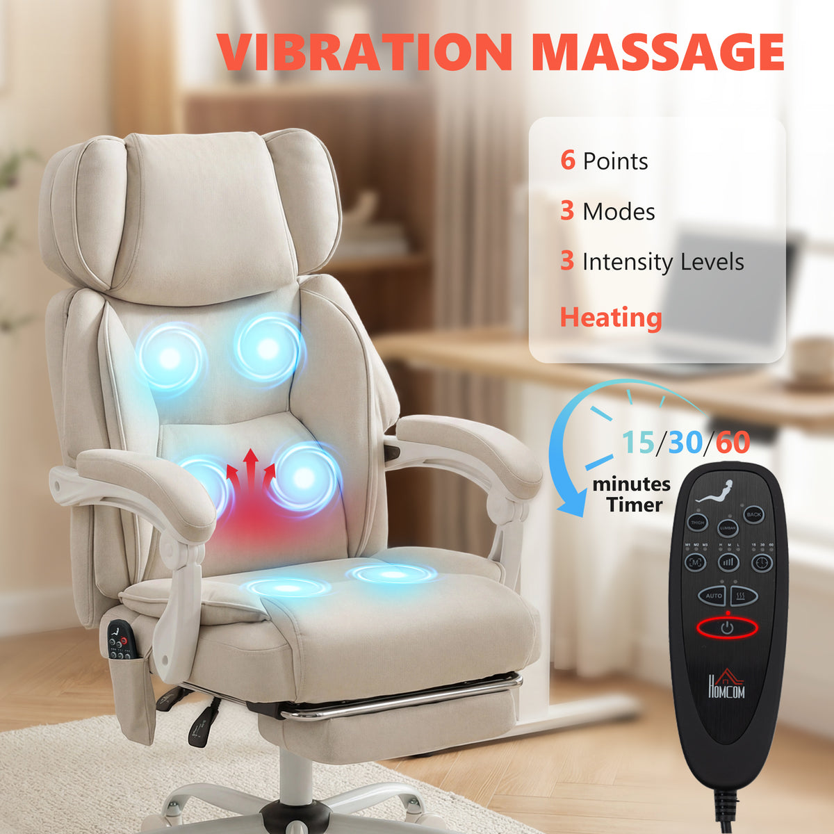 HOMCOM Office Chair with Massage, Heat, Adjustable Headrest, Leathaireâ€Œ Reclining Desk Chair with Footrest, Cream White