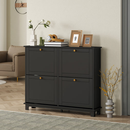 HOMCOM Narrow Shoe Storage Cabinet, Slim Shoe Cabinet with 4 Flip Drawers, Adjustable Shelves for 16 Pairs of Shoes, Black