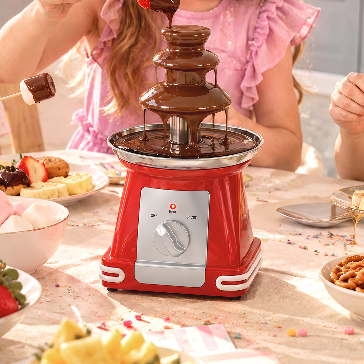 HOMCOM Stainless Steel Chocolate Fountain, 3-Tier 270 ml Electric Fondue Set with Hot Melting Pot Base for Parties, Red