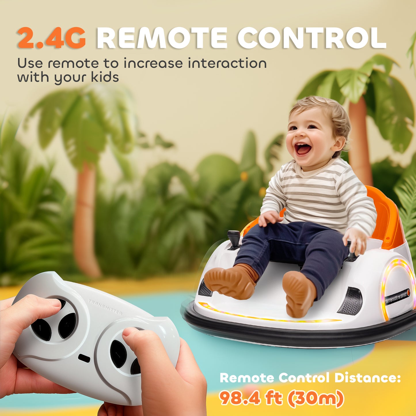 AIYAPLAY 360Â° Rotation Kids Bumper Car, 12V Waltzer Car with Remote Control, Dual Joysticks, Music Lights, Orange