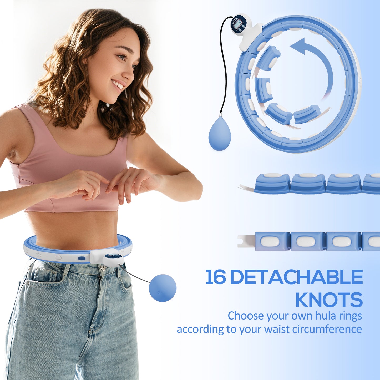 SPORTNOW Smart Weighted Hula Hoop, Massage Hula Ring w/ 16 Detachable Knots, 360Â° Auto-Rotating Ball, Digital Counter Light Blue