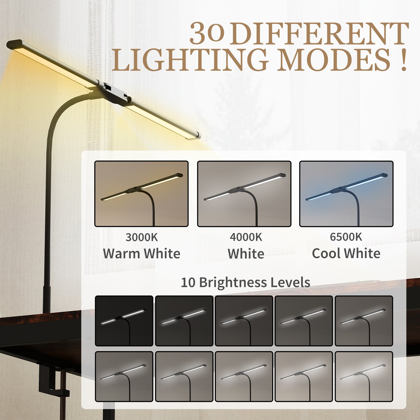 HOMCOM LED Desk Lamp with Clamp, Double Head Table Lamp with 3 Colour Modes & 10 Brightness Levels, Flexible Gooseneck Reading Desk Light with Timer and Memory Function for Study, Office, Work, Black