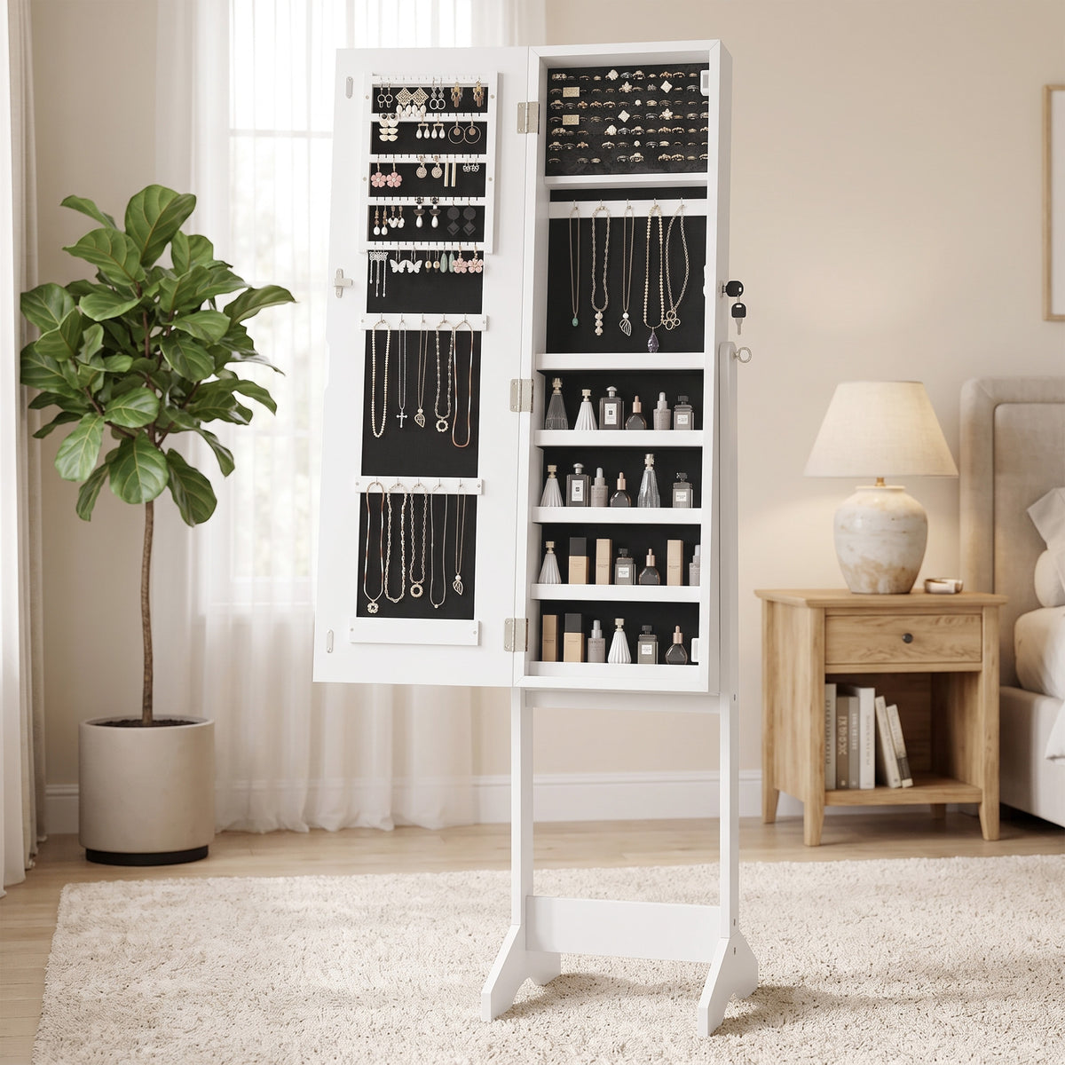 HOMCOM Mirror Jewelry Cabinet with LED Light, Freestanding Lockable Full Length Mirror with Storage, 3 Angles Adjustable, White