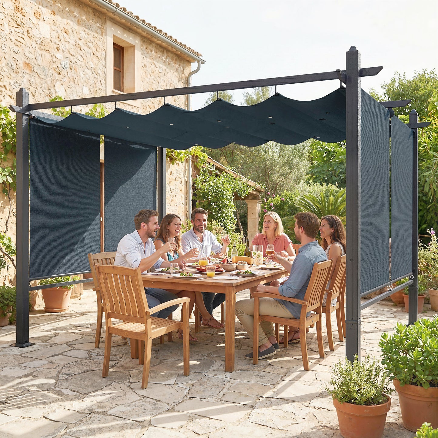 Outsunny 4 x 3 m Garden Pergola with Retractable Roof Canopy and Roll-Up Sides, Outdoor Gazebo Pergola Kit, Dark Grey