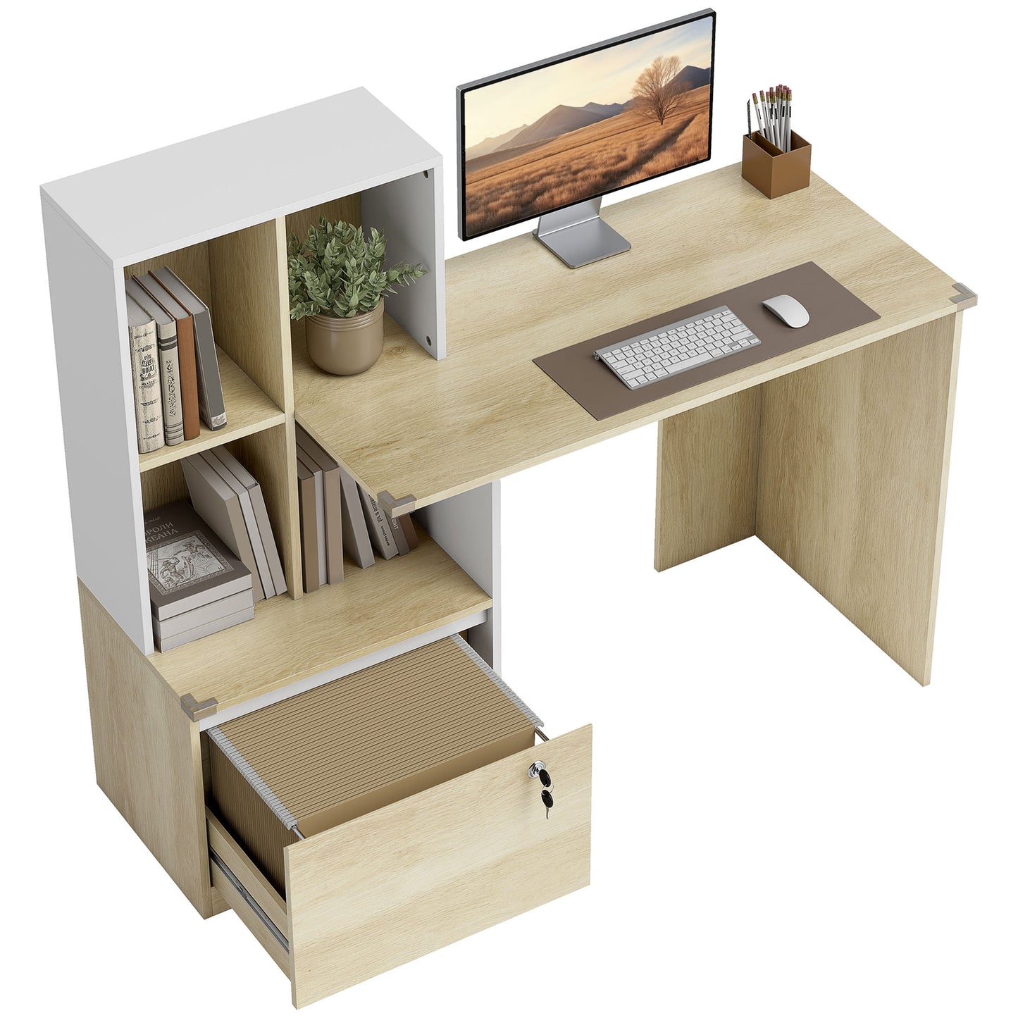 HOMCOM Computer Desk, Office Desk with Bookshelf, File Drawer and Legal Hanging File Holders, Oak Wood Effect