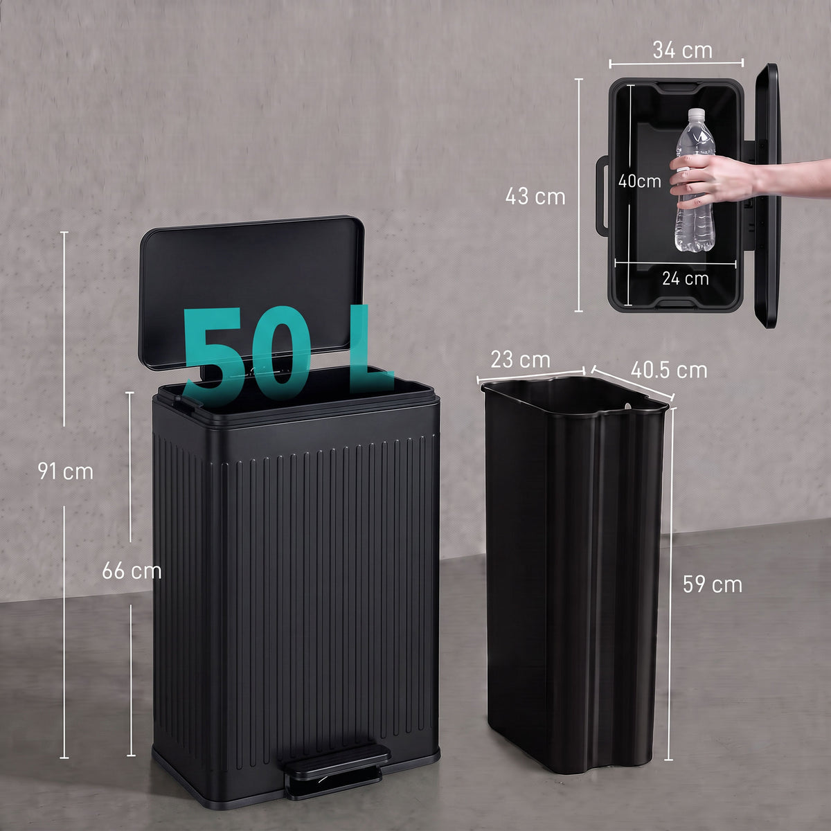 HOMCOM 50L Kitchen Bin, Pedal Bin with Soft-Close and Stay-Open Lid, Removable Inner Bucket, Black