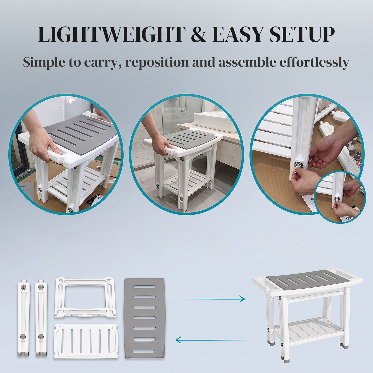 HOMCOM Shower Bench 2-Tier Shower Stool Bathroom with Shelf White and Grey