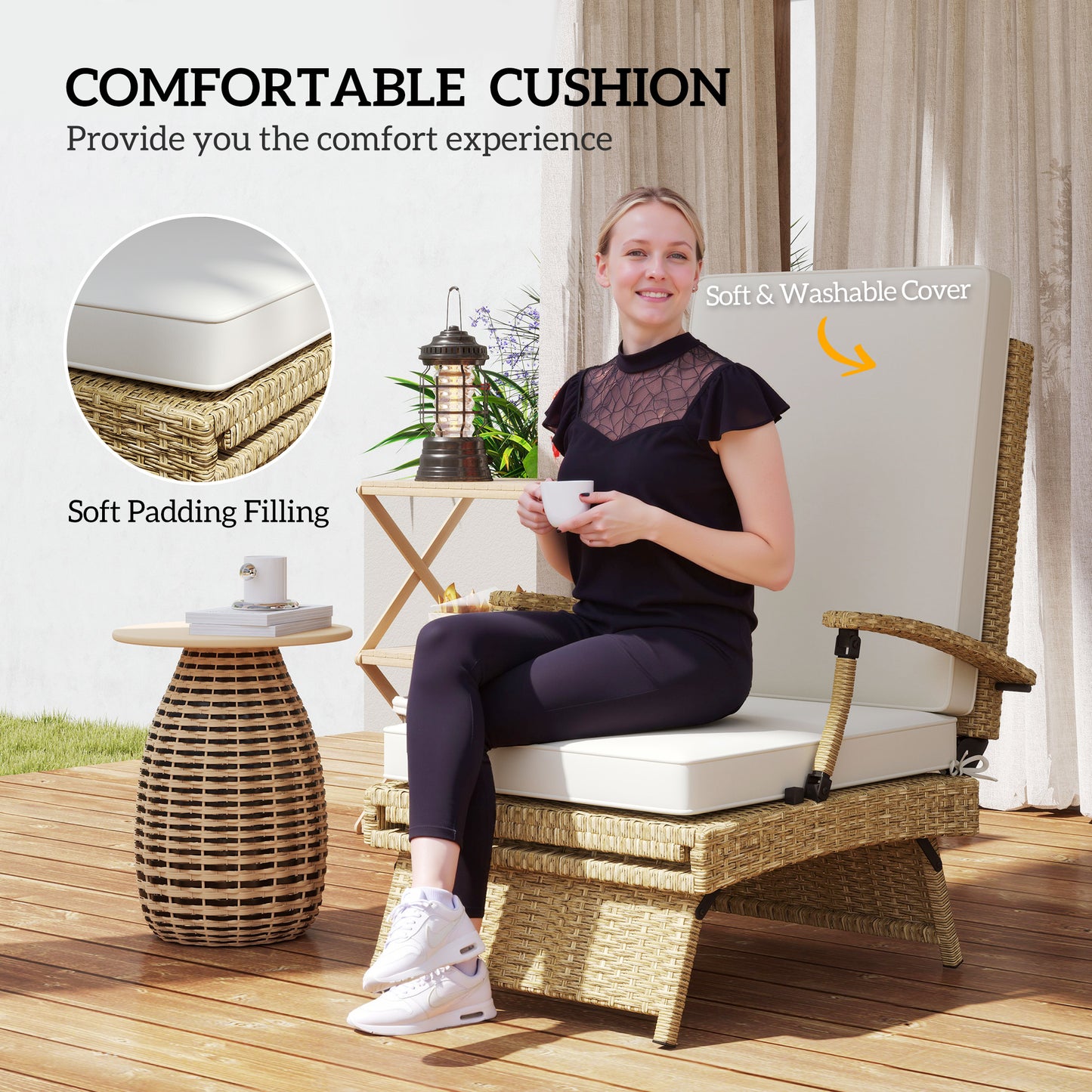 Outsunny 80° Reclining Rattan Lounger - White/Beige