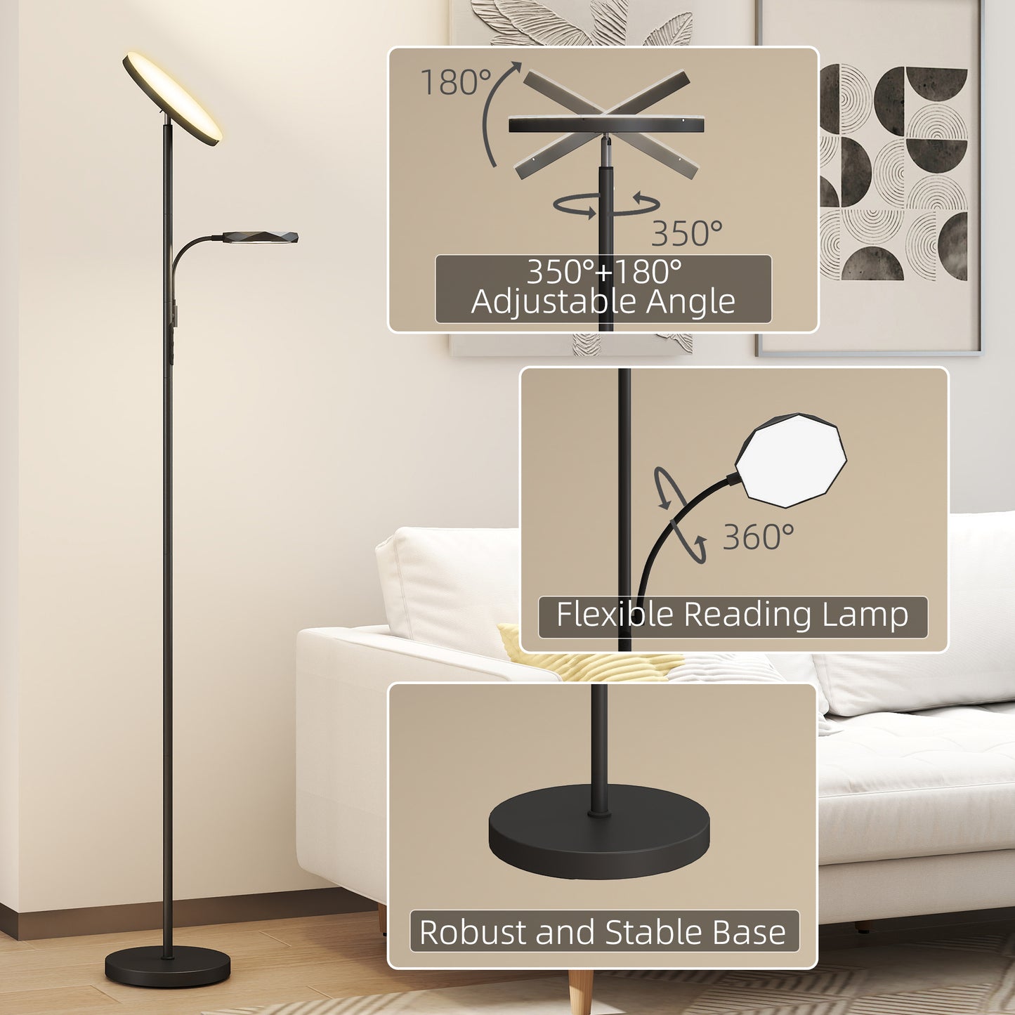 HOMCOM LED Floor Lamp for Living Room, Stepless Dimmable Standing Lamp, Mother and Child Uplighter with Reading Light, 4 Scene Modes, 2700K-6500K Colour Temps, 4 Brightness Levels, Remote Control