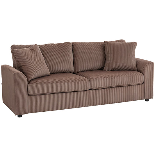 HOMCOM Modern 3 Seater Sofa with Spring Cushion, 212 cm Fabric Jumbo Cord Sofa Couch with 2 Scatter Cushions, Upholstered Corduroy Settee for Living Room, Bedroom, Home Office, Coffee