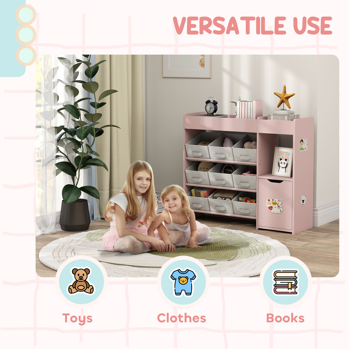 AIYAPLAY Kids Toy Storage, 9 Removable Fabric Bins, Wooden Toy Storage Units for Toys and Books for Bedroom, Nursery, Pink