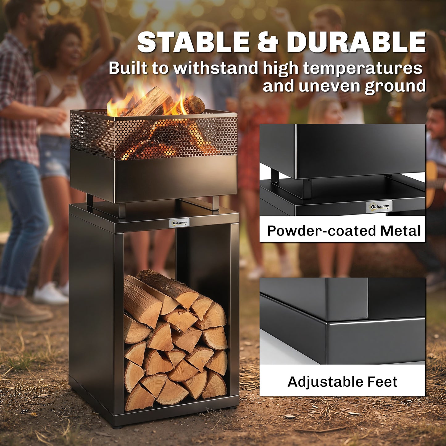 Outsunny Outdoor Fire Pit with Wood Storage Wood Burning Firepit with Mesh Sides 87 cm Black