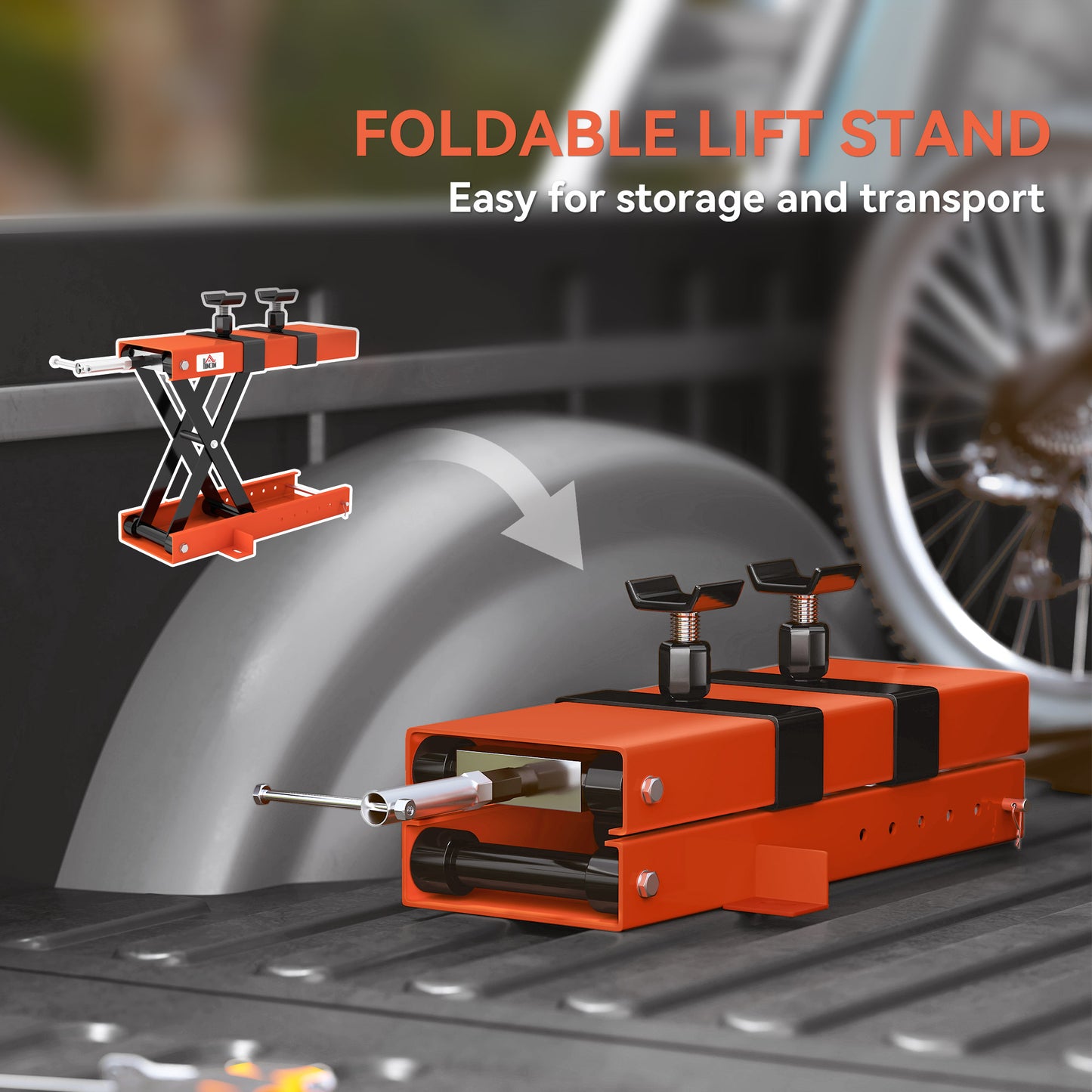 HOMCOM 500 kg Motorcycle Scissor Lift Jack, Heavy Duty Steel Adjustable Motorbike Lifting Hoist Stand with Safety Pin, Foldable Lifter for Dirt Bike Repair Maintenance, 45x15 cm Large Platform, Orange
