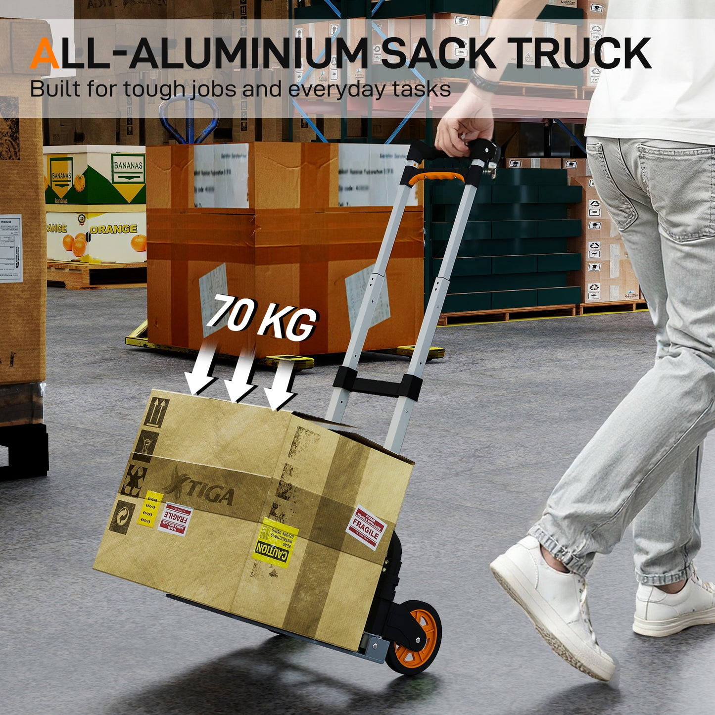 HOMCOM Folding Sack Truck, 70kg Lightweight Hand Truck with Wheels, Foldable Trolley Cart with Telescoping Handle for Warehouse, Office, Luggage, Silver Tone