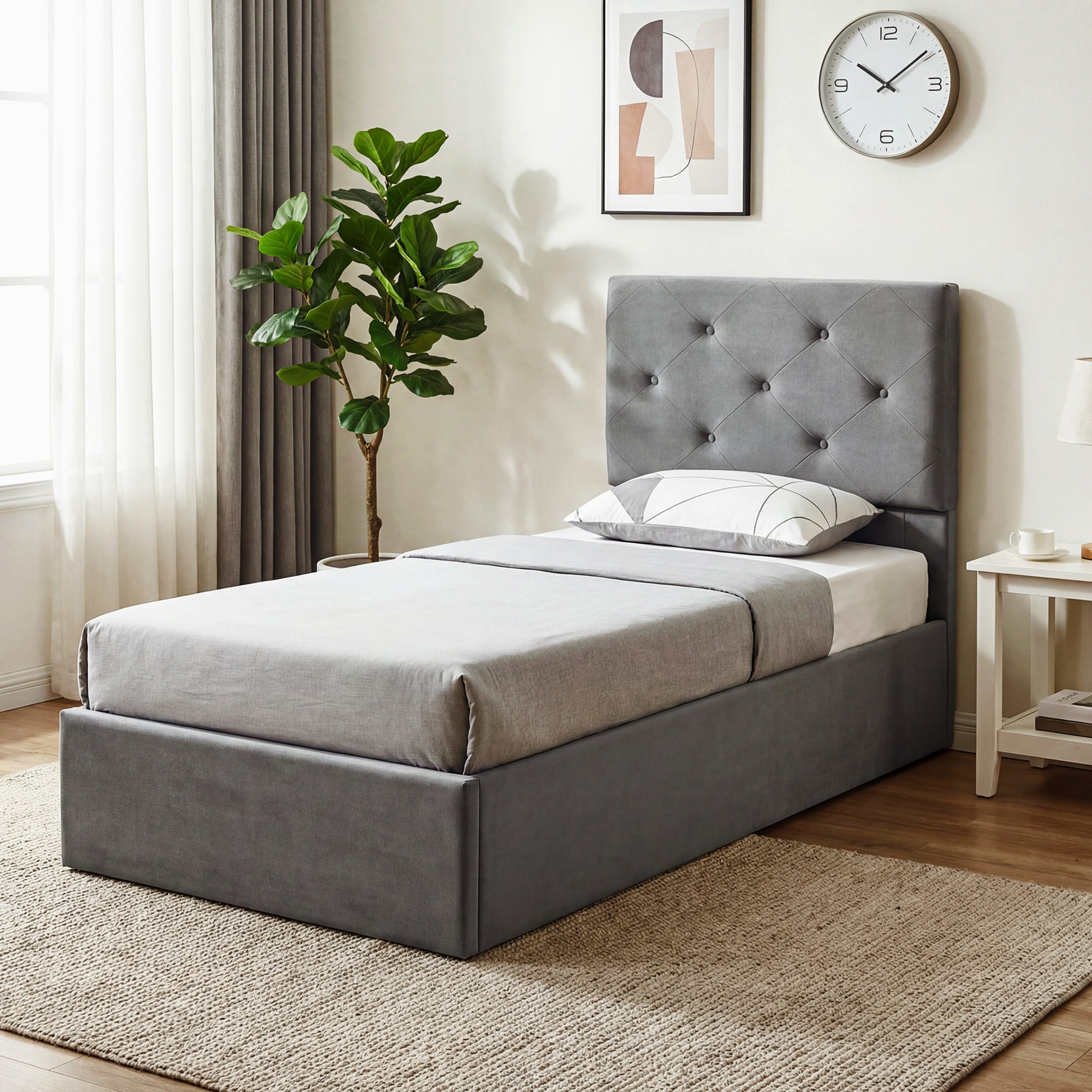 HOMCOM Single Bed Frame Gas Side Lift Under Bed Storage Upholstered Platform Bed Tufted Headboard for 90 x 190 cm Mattress